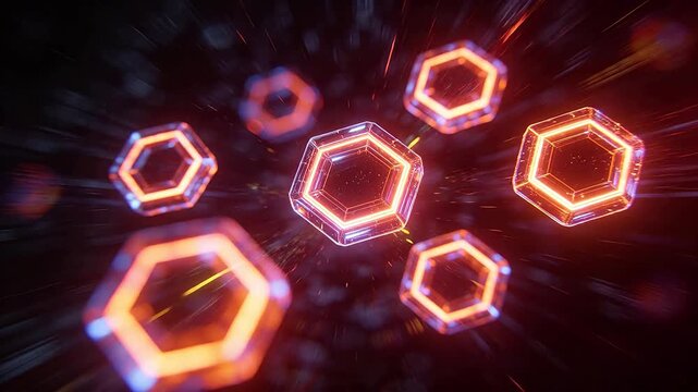 Glowing hexagonal crystal structures with orange and blue edges on dark background
