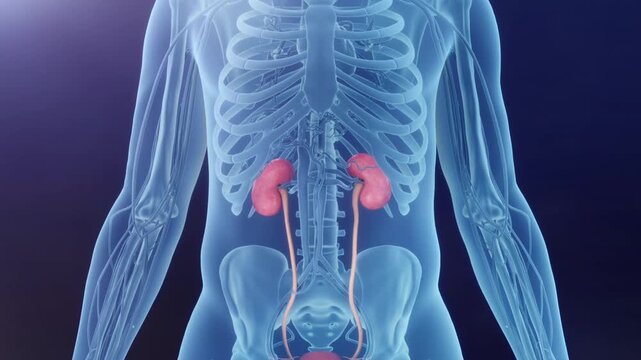 In holographic 3D, see-through torso reveals kidneys positioned retroperitoneally, under liver, posterior to bowel, and flanking the spine. Medical visualization.
