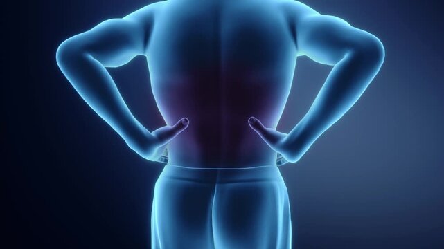 Holographic man with hands on waist, highlighted kidneys indicating lower back pain. Visualizing nephritis and kidney disease. 3D medical animation.