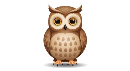 Fototapeta premium A cute cartoon owl stands on a surface with big eyes looking ahead.