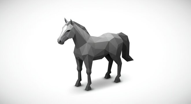 A low-poly 3D illustration of a horse stands on a plain surface.