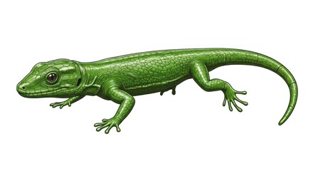 Fototapeta premium A vibrant green lizard is walking on a surface in a natural setting.