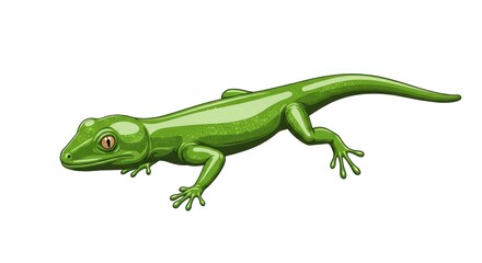 Fototapeta premium A green lizard is crawling on a white surface with its orange eye looking sideways.