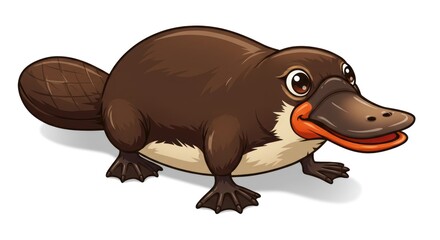 Fototapeta premium A cartoon platypus stands on land with its bill open wide.