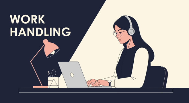 Creative workspace with woman working on laptop and headphones