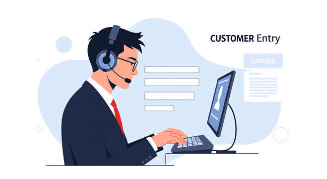 Customer entry data input by call center operator in blue modern office
