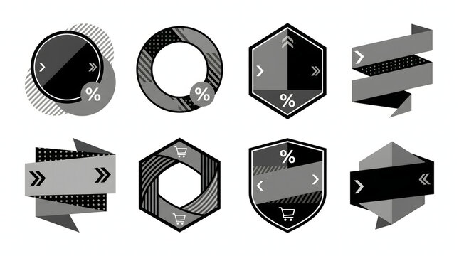 Futuristic 3D geometric shapes and icons set in metallic silver and black with glossy reflections