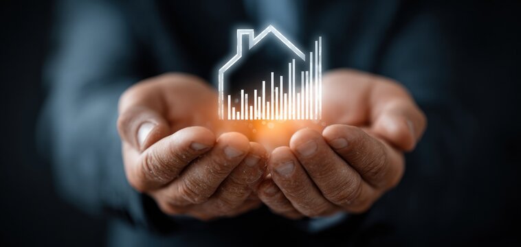 Hands holding a glowing digital house icon with a financial graph illustration