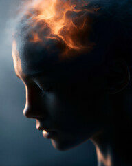Obraz premium Silhouette of a young person in peaceful repose. Fiery glow rises from their head, evoking inner thought. Soft lighting highlights calm expression and closed eyes. Mysterious energy pulses above