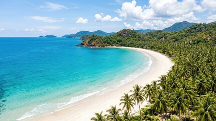 Fototapeta premium A stunning aerial view captures a pristine, crescent-shaped beach bordered by lush tropical vegetation.