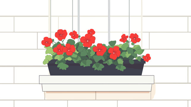Potted red flowers blooming on a ledge against a brick wall