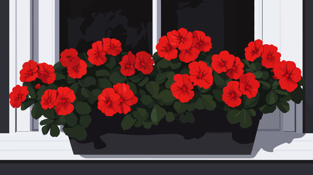 Vibrant red petunias bloom in a black planter on a windowsill