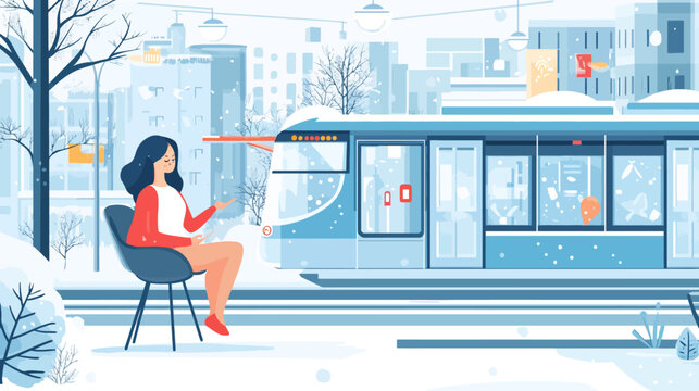 Woman waiting at tram stop on snowy city street during winter