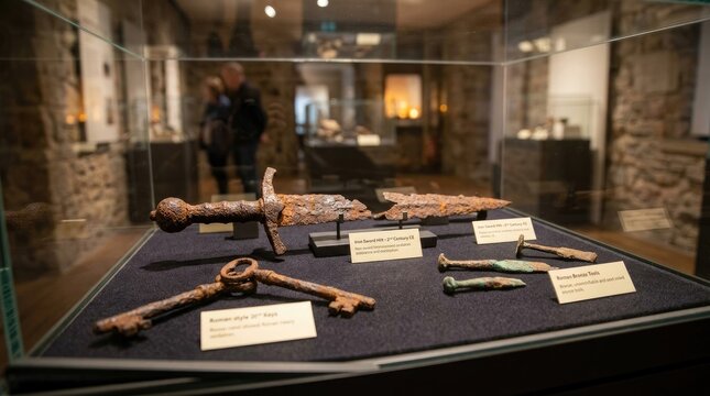 A museum curator examines a display case containing ancient Roman bronze tools and weaponry. The case is made of glass and rests on a dark blue velvet surface.