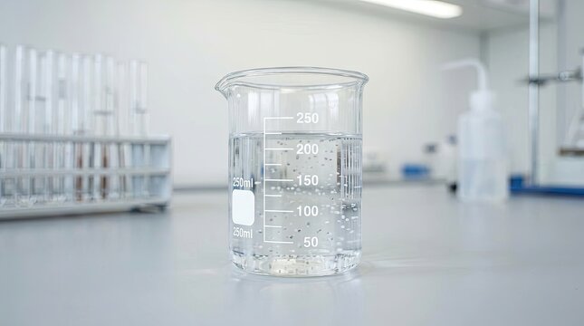A clear glass beaker holds approximately 150 milliliters of water. The beaker is marked with volume measurements from 50 ml to 250 ml.