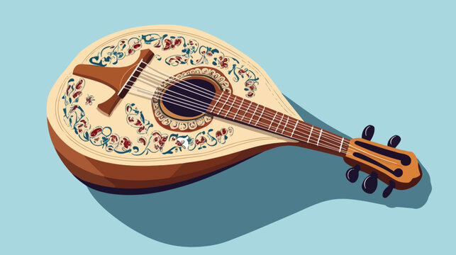 Artistic guitar with intricate floral pattern, shadow on light blue background