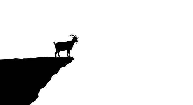 A goat stands on the edge of a cliff overlooking a vast landscape.