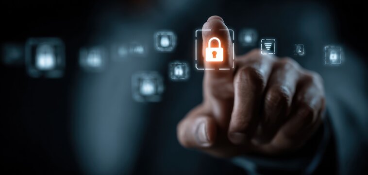 Digital Security and Data Protection Concept with a Finger Pressing a Glowing Lock Icon