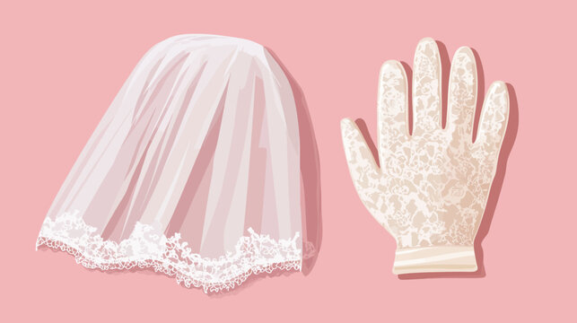 Illustration of a bridal veil and a lace glove on a pink background