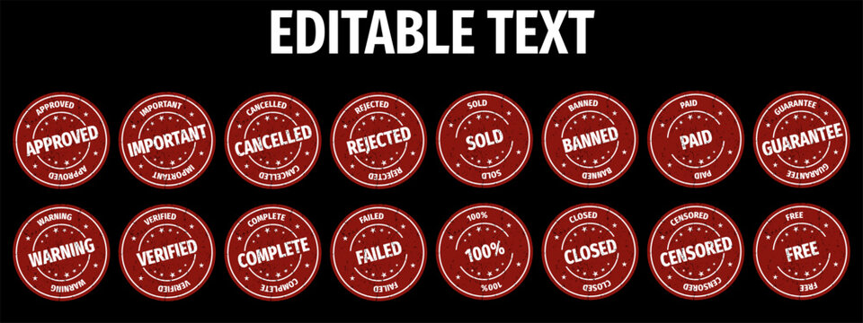 Set of red grunge rubber stamps with editable text on black background. Stamp template set closed, free, guaranteed, approved, warning, missing