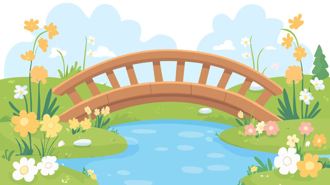 Bright cartoon scene of a curved wooden bridge over a small creek, surrounded by colorful flowers and green hills with a blue sky and fluffy clouds