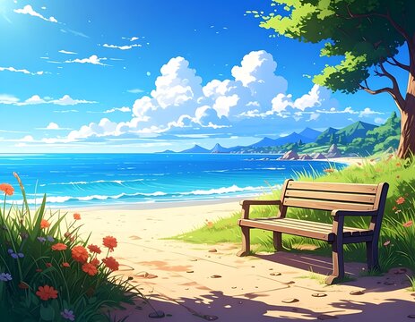A serene beachside scene with a wooden bench under a tree