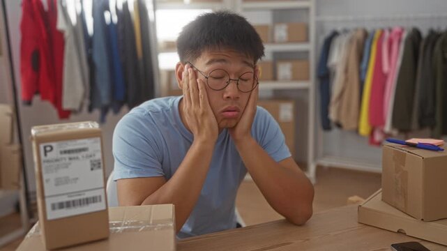 Man adjusts glasses and rubs eyes amid cardboard packages, shipping labels, and a smartphone on the table in a studio; fatigue pressure.
