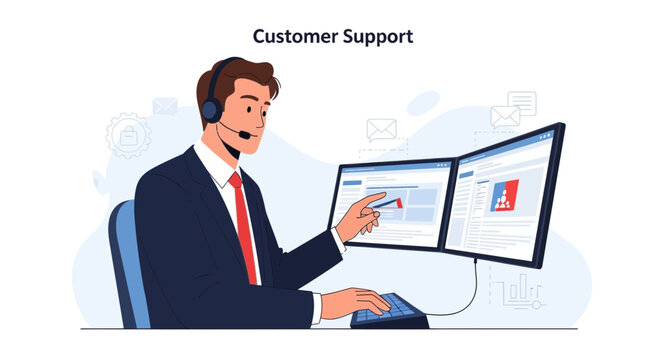 Customer support agent wearing headset, working on dual monitors in a modern office.