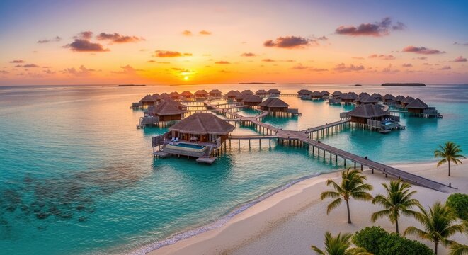 Luxury overwater bungalows in turquoise ocean at tropical sunset