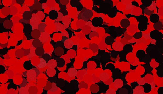 Abstract red and black confetti background with layered circular shapes and scattered dot pattern. Bold festive design featuring dynamic contrast and modern digital texture.