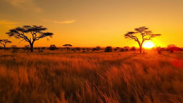 Breathtaking 4k cinematic drone zoom out over the vast African savannah golden grassland sunset with striking silhouettes ideal for luxury travel advertising