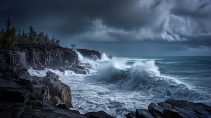 Fototapeta premium realistic volcanic coastline during an intense ocean storm, giant waves crashing against black lava cliffs, dark cinematic clouds, dramatic lighting, ultra detailed water textures.