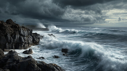 Fototapeta premium realistic volcanic coastline during an intense ocean storm, giant waves crashing against black lava cliffs, dark cinematic clouds, dramatic lighting, ultra detailed water textures.