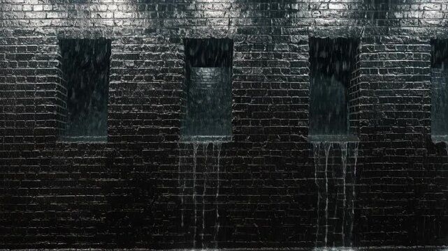 Glossy black brick wall wet texture rain water stream urban grunge background dark industrial wall rainy night moody dramatic masonry exterior