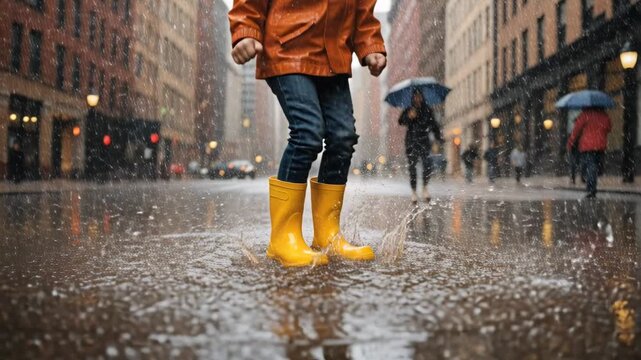 Child rain yellow boot puddle jump splash city street wet urban fun joyful energy child yellow rain boot jump puddle city street joyful adventure