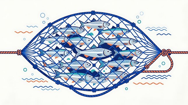School of fish caught in a blue rope fishing net