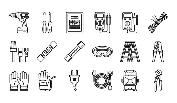 Electrical and hand tool line icons set for construction and repair