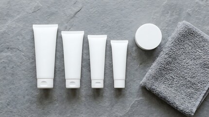 Fototapeta premium Assortment of White Skincare Cosmetic Tubes, Cream Jar, and Grey Towel on Stone Texture Background