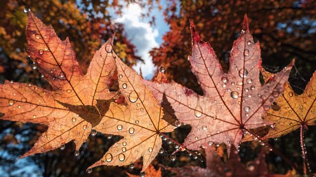 Autumn leaf fall foliage maple leaf water drop rain sunlight backlight nature orange leaf red leaf seasonal detail forest tree branch closeup