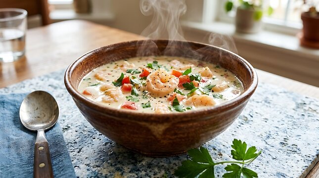 Steaming Hot Creamy Shrimp Chowder in a Rustic Bowl with Parsley and Tomatoes on a Table