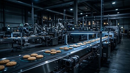 Fototapeta premium Automated Production Line of Cookies in Modern Food Factory