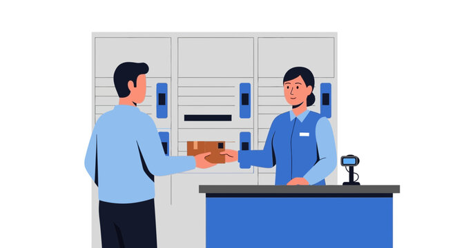 Customer handing package to agent at parcel locker station