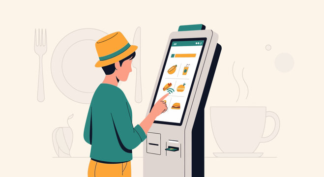 Customer ordering food at touch screen kiosk in cafe, digital menu