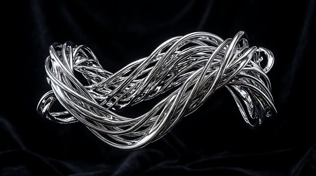 Abstract chrome sculpture with twisted metal strands on black