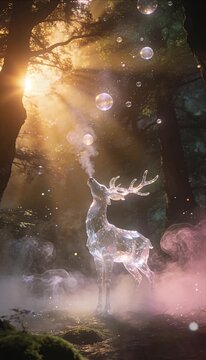 Fantasy deer crystal animal magic forest glowing light mystic smoke floating bubble sunrise beam ethereal mist fairy tale dreamy art crystalline deer fantasy forest magic light glowing mist sun beam
