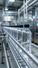 Obraz premium Automated production line with clear plastic water bottles on a conveyor belt in a modern bottling plant