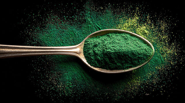 Green spirulina powder in a metal spoon isolated on a black background with spirulina, wellness