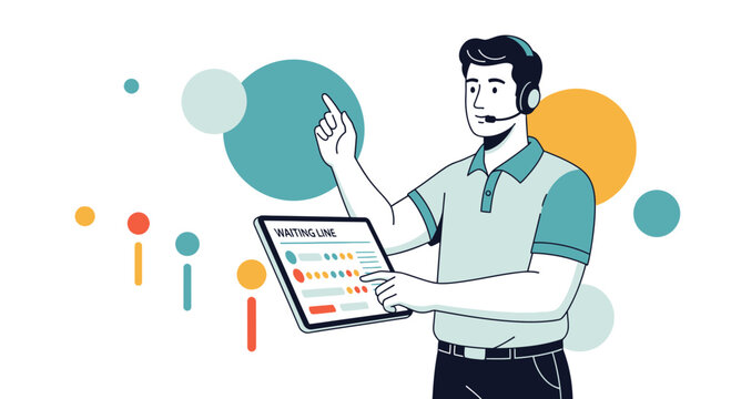 Customer service agent with tablet managing waiting line with abstract circles background