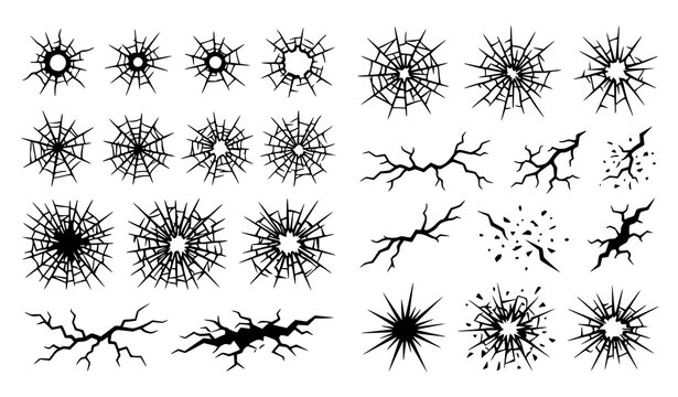 Broken Glass and Wall Crack Impact Effect Vector Collection Isolated on White