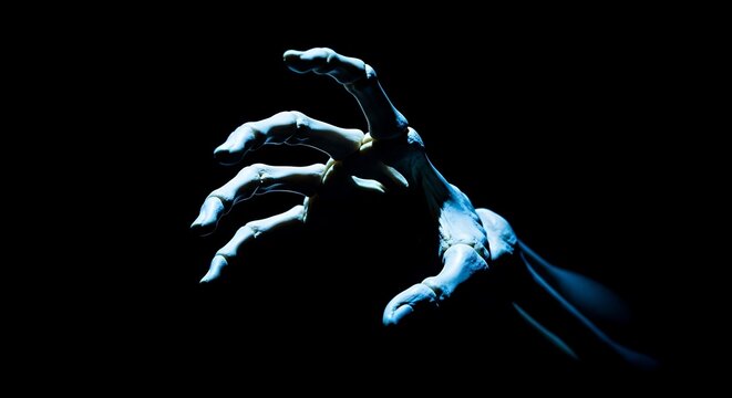 Glowing blue skeletal hand reaching out.